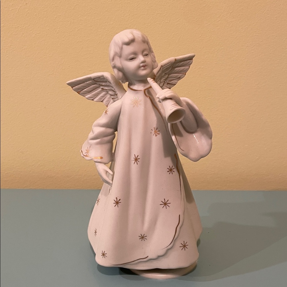 Vintage 60s Schmid 8”Bisque Angel w/ Trumpet Music Box Gold Trim (Silent Night)